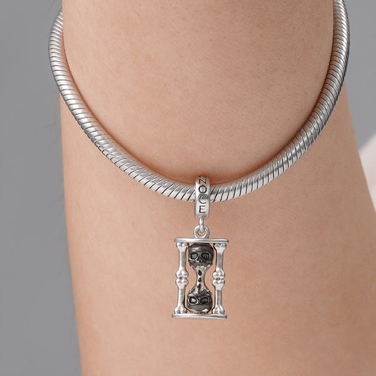Skull Hourglass Pendant Dangle Charm Matte Sterling Silver_3