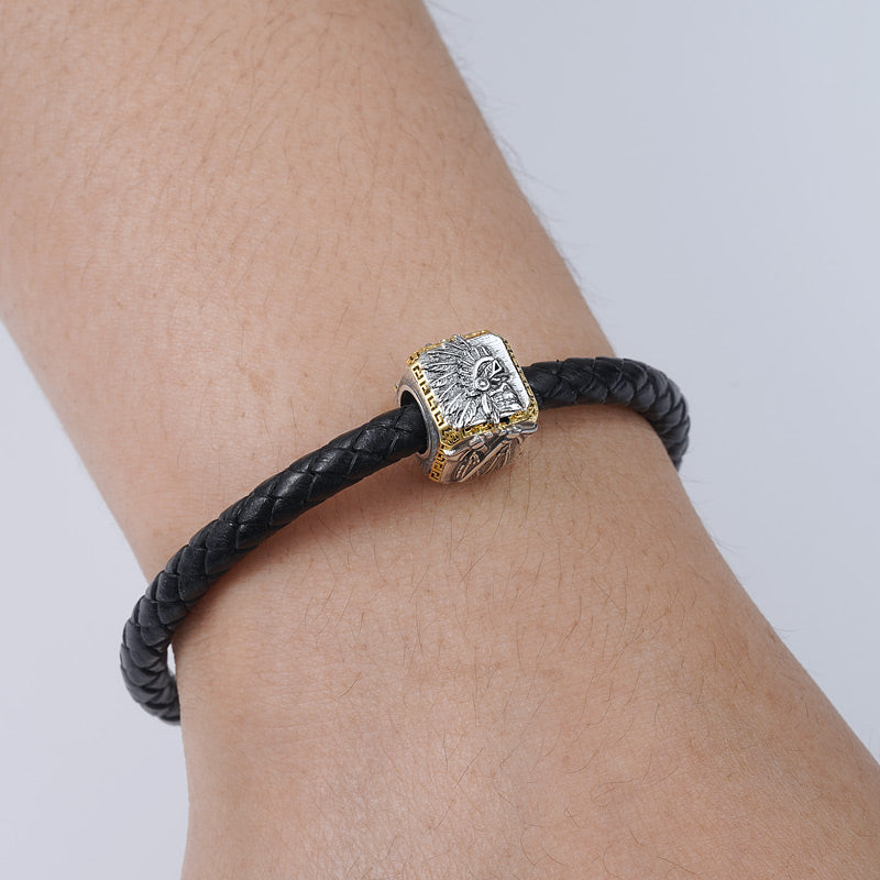 Indian Skull Men's Charm Bead Sterling Siver 18K Gold Plated fit Men's Bracelet Jewelry for Men_3