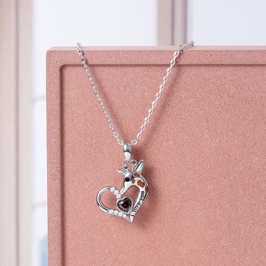 "I Love you" Giraffe Heart Necklace with Heart Shape Ruby Sterling Silver_3