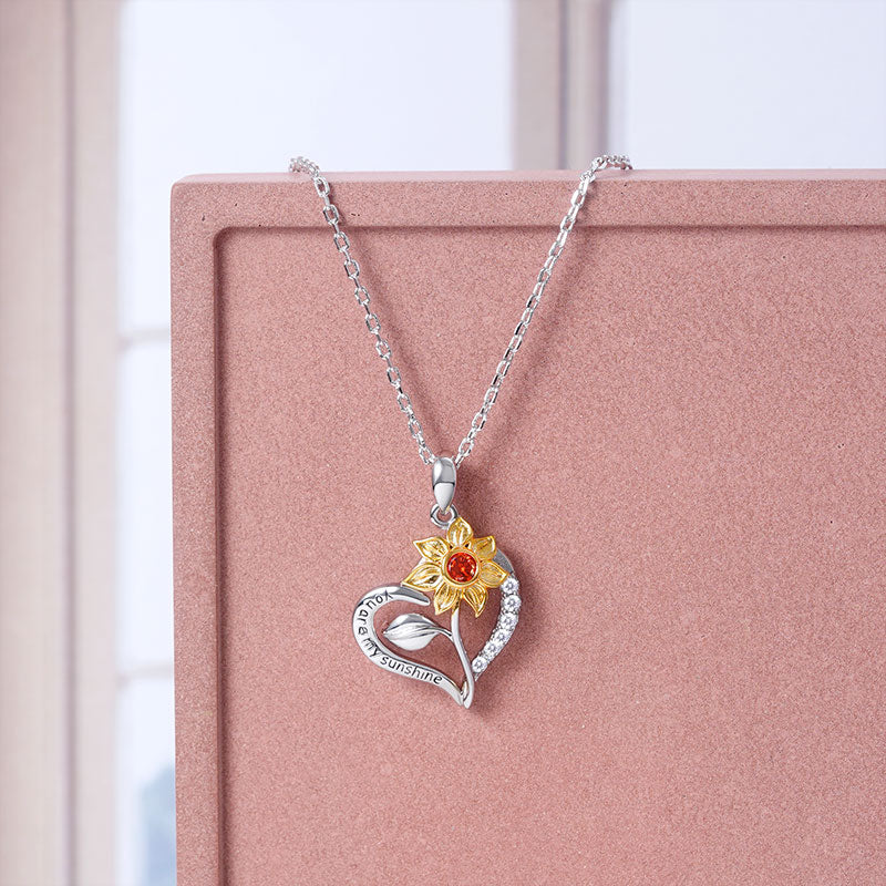 Sunflower "You Are My Sunshine" Heart Necklace Sterling Silver Inlaid with Ruby and Crystal Gems_4