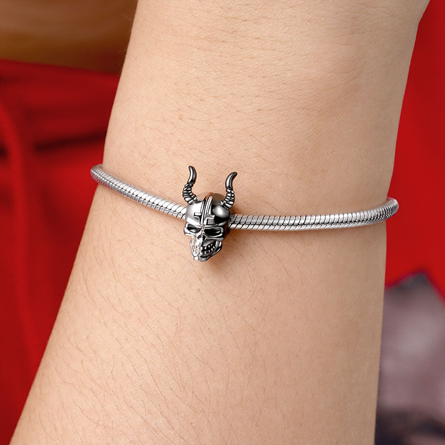 Silver & Black Two Tone Devil Skull with Horns Charm Bead 925 Sterling Silver_3