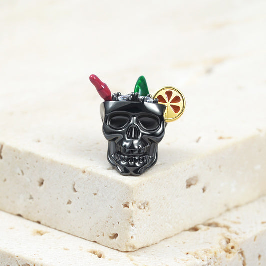 Cocktail Drinking Skull Charm Bead 925 Sterling Silver Plated with Black_2