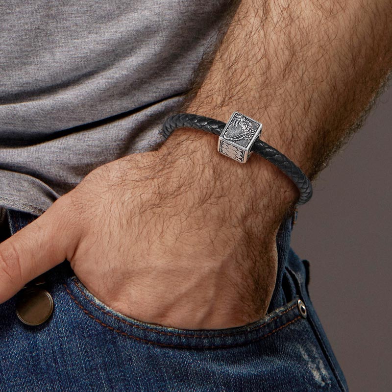 Snake Square Men's Vintage Bead S925 Sterling Silver with Gift Copper Black Leather Men's Bracelet Jewelry for Men_4