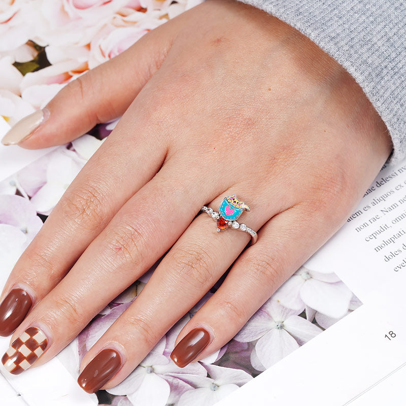 Cute Pocket Cat V Ring Sterling Silver Inlaid with Ruby & CZ Stones_3