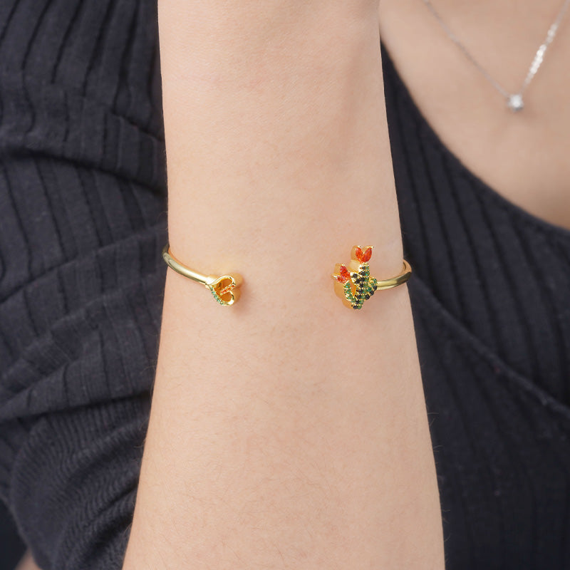 Blooming Cactus Bangle Bracelet 18K Gold Plated Inlaid with Colorful Gemstones_3
