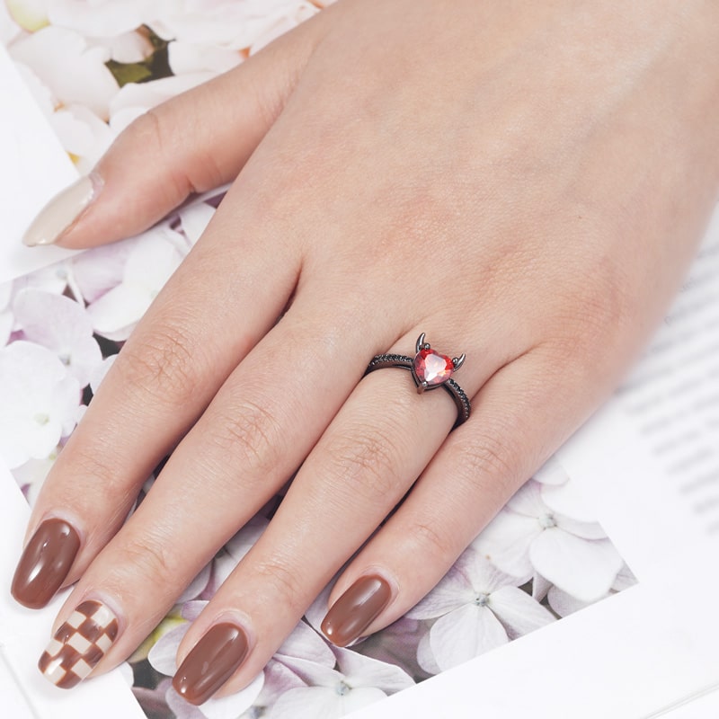Devil with a Kind Heart Ring 925 Sterling Silver Black Plated Inlaid with Red Heart CZ Stone and Black Zircon Stones_3
