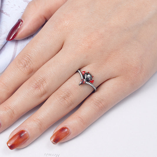 Bat of Love Heart Ruby V-Ring 925 Sterling Silver Black Plated with Clear Gemstones and Pink Enamels_3