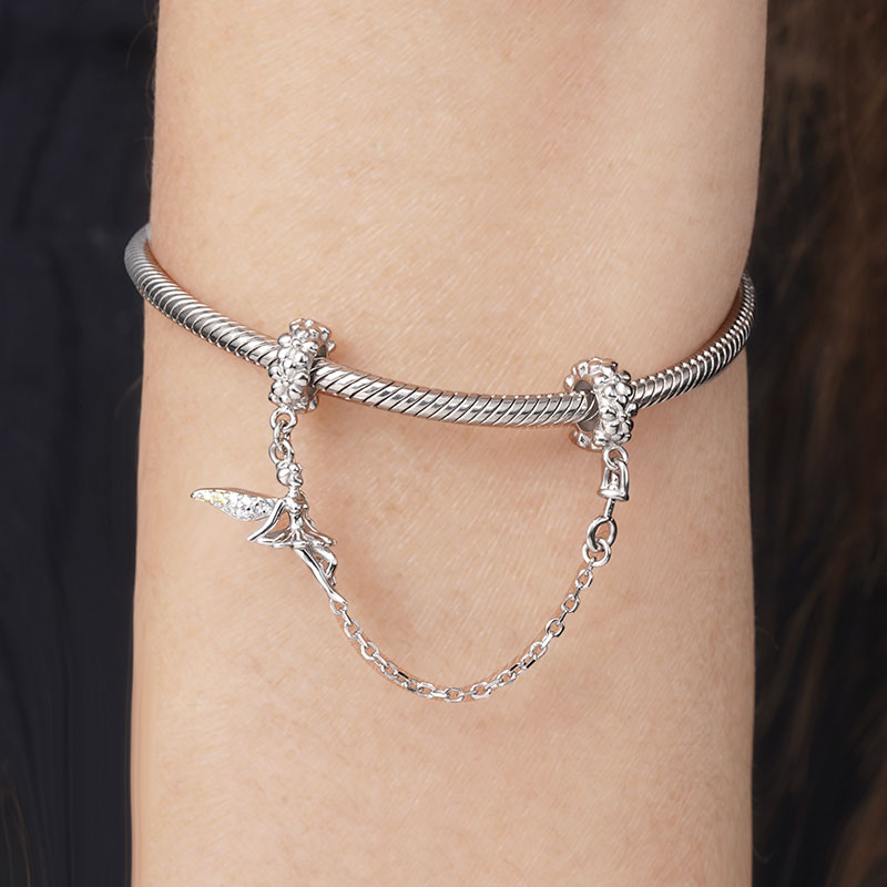 Flower Fairy Safety Chain 925 Sterling Silver Inlaid with Clear Gemstones_3