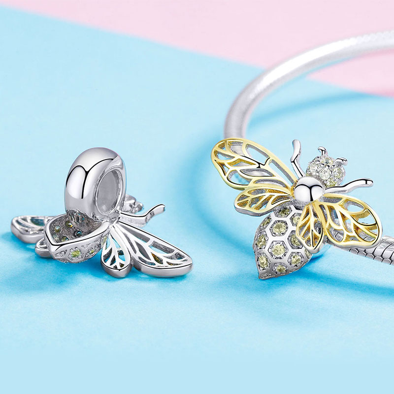 Dancing Honey bee Stopper for Charm Bracelets 925 Sterling Silver 18K Gold Plated Inlaid with Yellow Gemstones_2