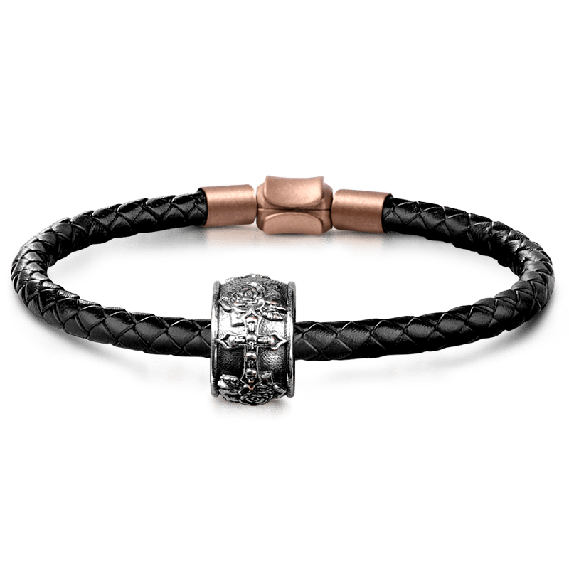 Skull Cross & Rose Men's Vintage Bead S925 Sterling Silver with Gift Copper Black Leather Men's Bracelet Jewelry for Men_1