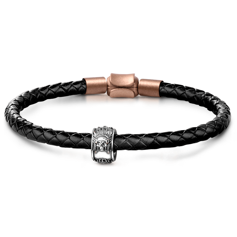 Indian Chief Skull Men's Vintage Bead S925 Sterling Silver with Gift Copper Black Leather Men's Bracelet Jewelry for Men_1