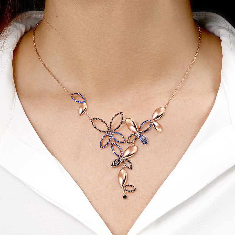 Butterfly Petals Necklace Copper 18K Rose Gold Plated Inlaid with Black & Blue CZ Stones_4