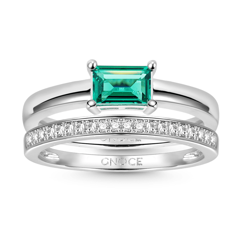 Green Rectangle-cut Shimmering Stackable Ring Set 925 Sterling Silver_1