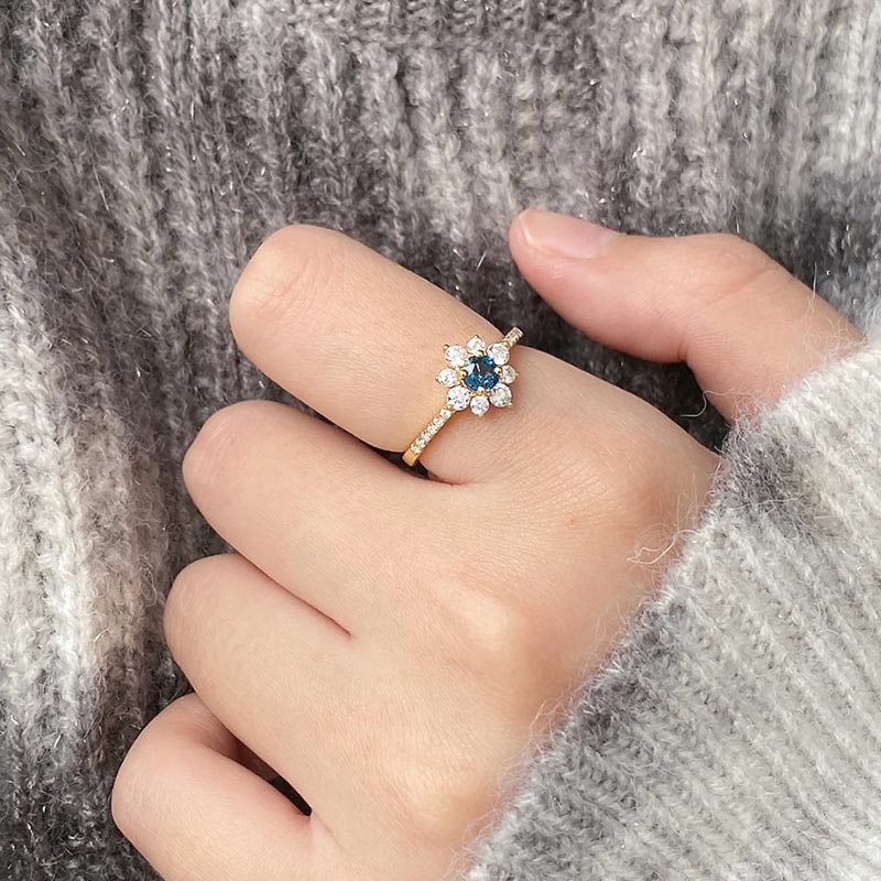 Adjustable Nature Blue Topaz Gemstone Flower Halo Ring 925 Sterling Silver 18k Gold Plated Inlaid with Clear CZ Stones_4