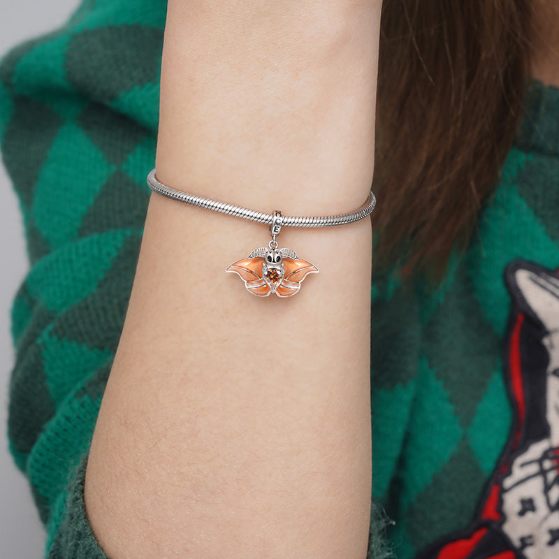 Japanese Silk Moth Embraces Heart Gemstone Charm Bead 925 Sterling Silver with Orange Glitter Enamels_4