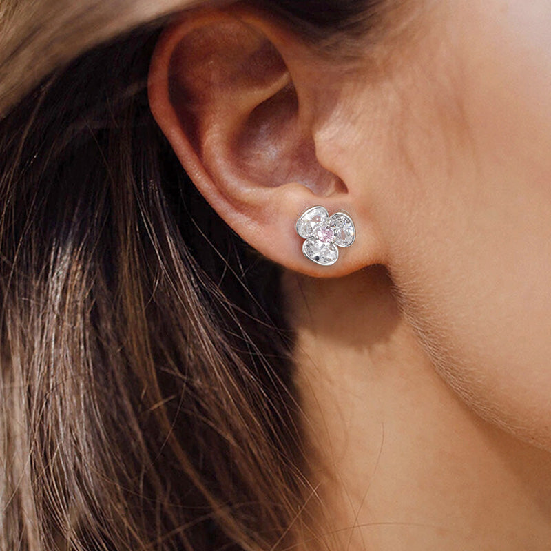 Three-petal Flower Stud Earrings 925 Sterling Silver Inlaid with Clear CZ Stones_3