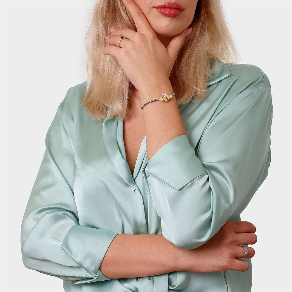 Dancing Honey bee Stopper for Charm Bracelets 925 Sterling Silver 18K Gold Plated Inlaid with Yellow Gemstones_3