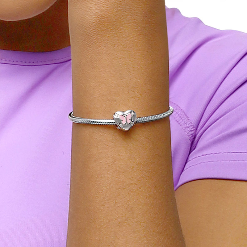 Gnoce "Forever Love" Heart Shaped Pink Butterfly Photo Bead Charm_3