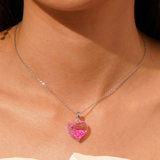 Gnoce Pink Liquid Glitter Heart Necklace_6