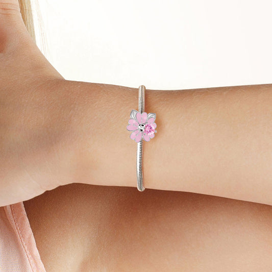 Cherry Blossoms Embraces Heart Gemstone Charm Bead 925 Sterling Silver with Pink Enamels_4