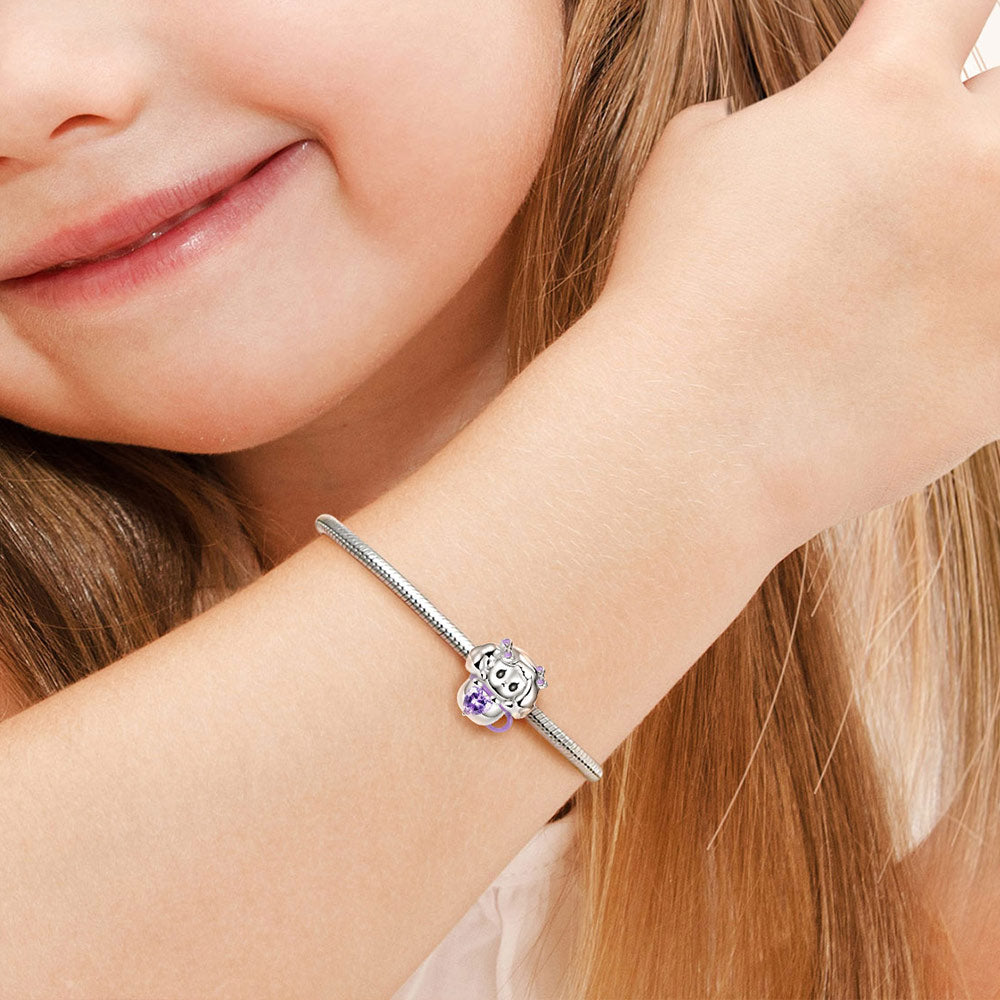 Teacup Dog Embraces Heart Gemstone Charm Bead 925 Sterling Silver with Purple Enamels_4