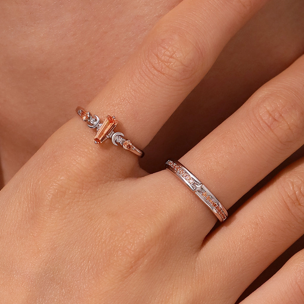 Gnoce Trapezoidal-cut Citrine with Channeled Pave Couple Rings_7