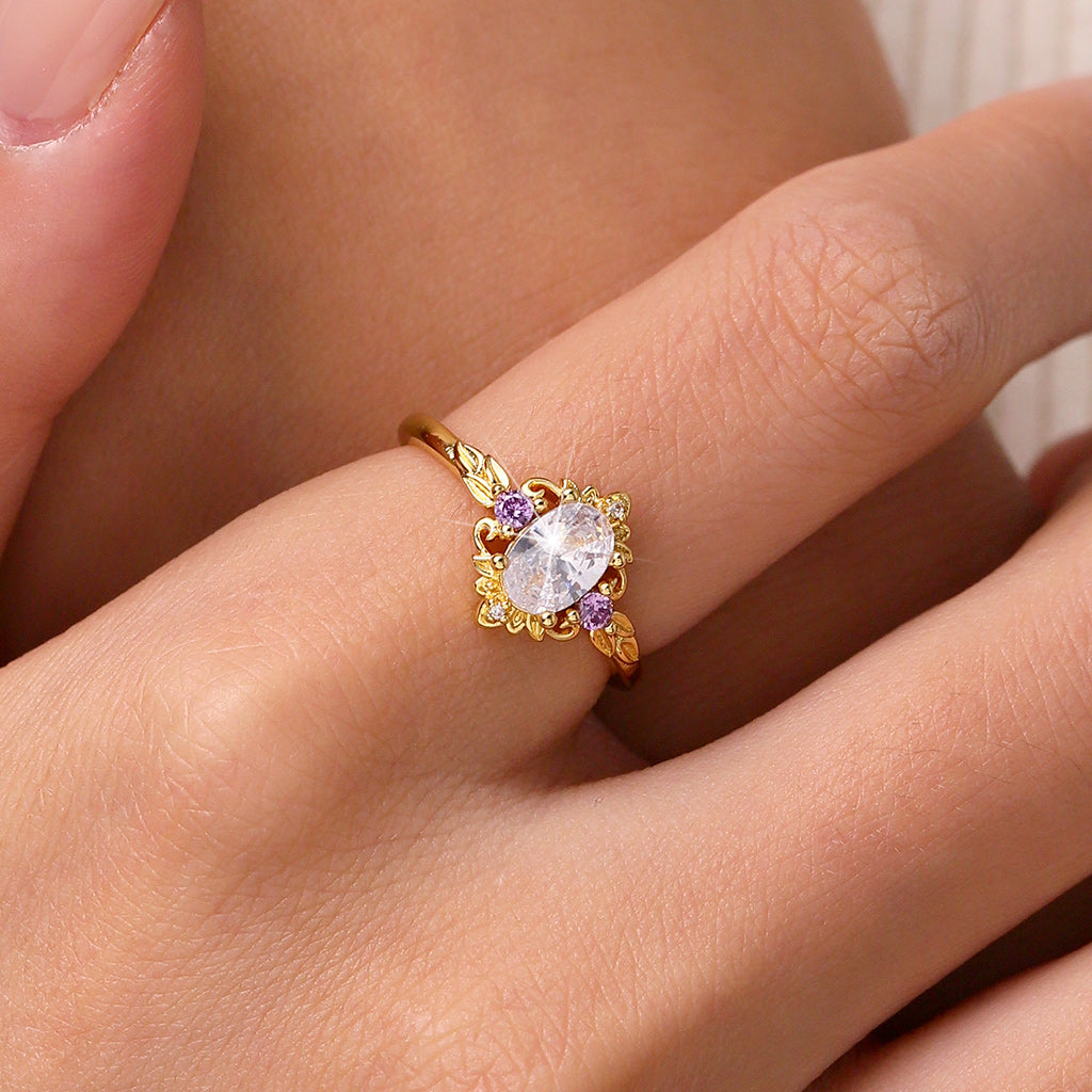 Gnoce Oval-Cut Gold Leaf Pattern Promise Ring_5