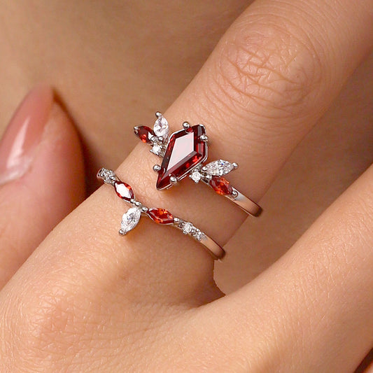 Gnoce Natural Red Garnet Kite Engagement Stackable Rings_7