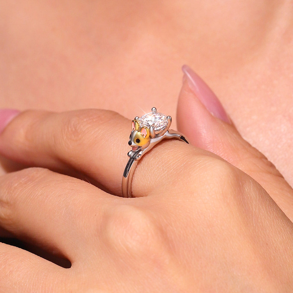 Gnoce Corgi Dog mbraces Moissanite Round Cut Ring_9