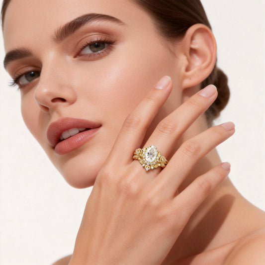 Gnoce Moon & Flower InspiredPear-cut Engagement Ring Set_2