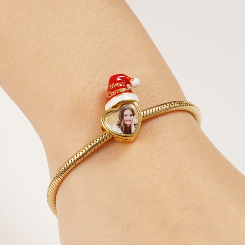 Christmas Hat with Heart-shaped Personalized Photo Charm Bead 925 Sterling Silver 18k Gold Plated_3