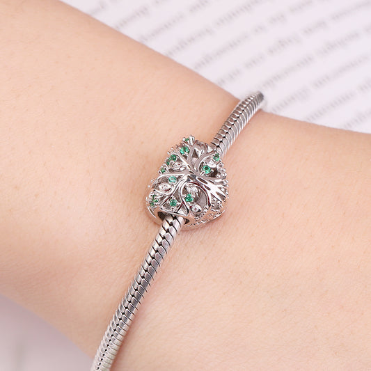 Gnoce "Love Memory" Tree of life Photo Charm Heart Shaped with Green Crystals Sterling Silver Bead_3