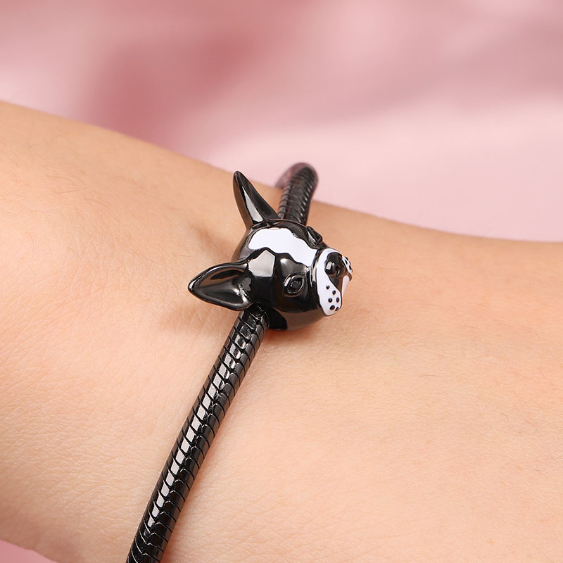 Bulldog Charm Sterling Silver Bead White and Black Enameled fit Bracelet_3