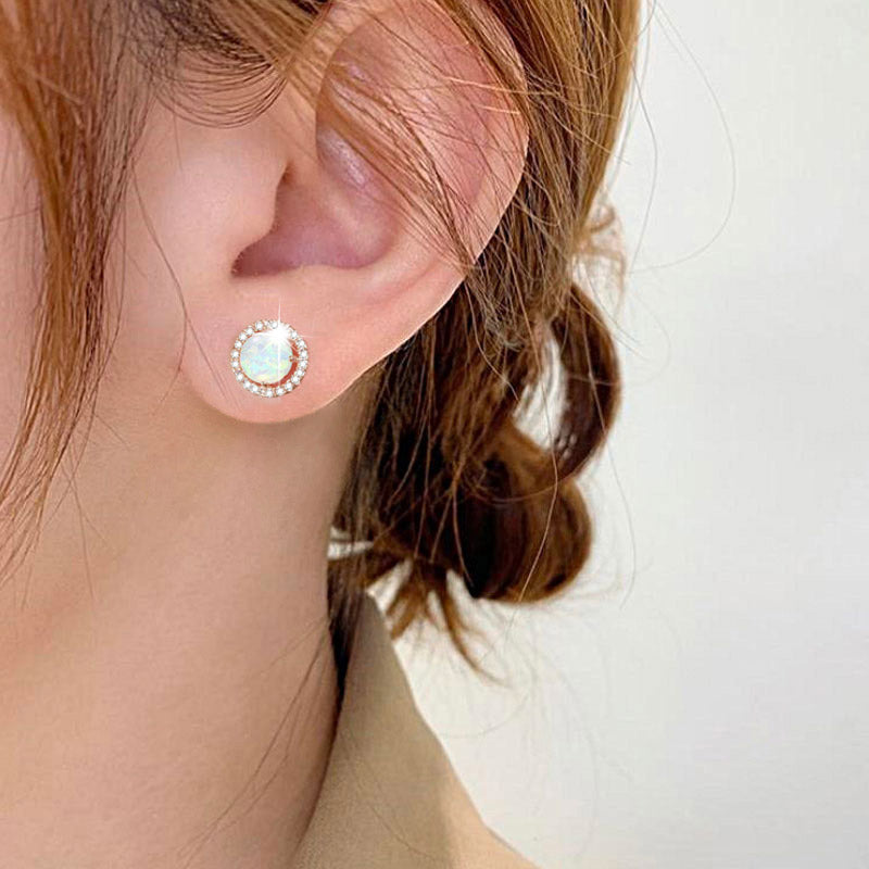 Round Stud Earrings with Opal Zircon Stone Rose Gold Plated Brass_3