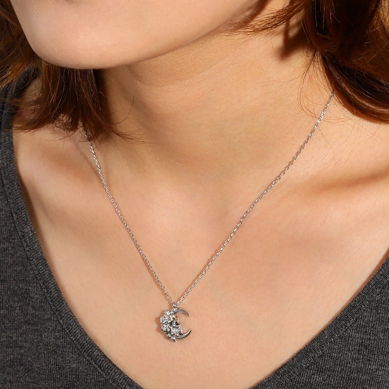 Moon Skull with Roses Necklace Sterling Silver_3