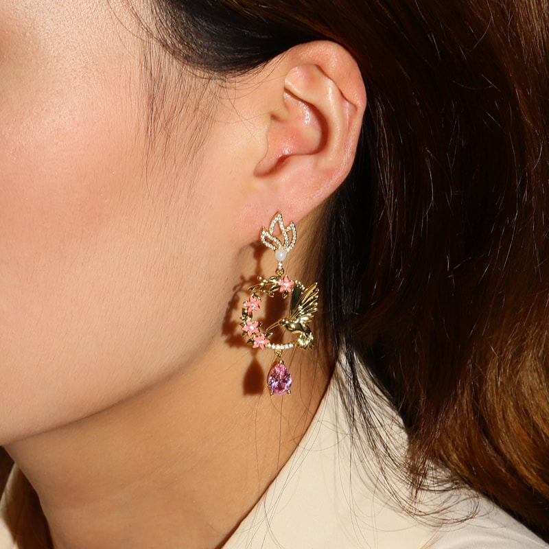 Hummingbird Flower Earrings with 18K Gold Plated Sterling Silver_3