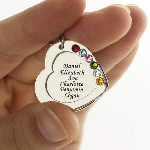 Gnoce "We Are Family" Heart Family Names Necklace With Birthstones Sterling Silver_4