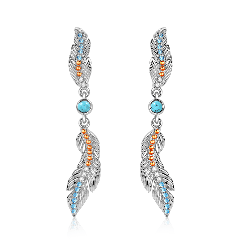 Feather Earrings Sterling Silver inlaid with Turquoise and Stones_1