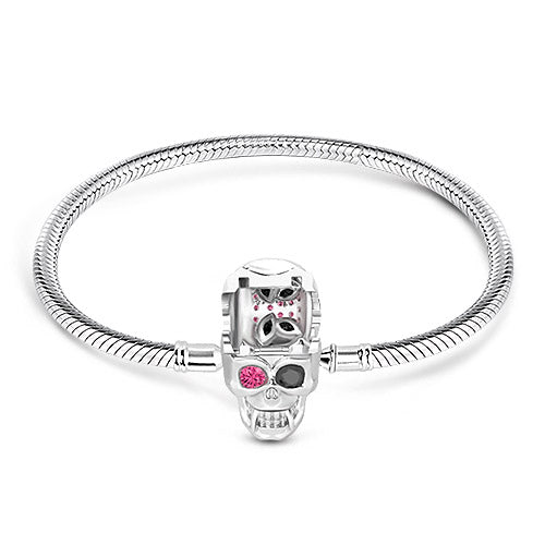 Gnoce "Elegant Skull" with Eye-catching  Black And Fuchsia Crystals Beautifully Handcrafted in Sterling Silver with An Elegant And Flawless Look Gnoce Design Skull Clasp Bracelet_2