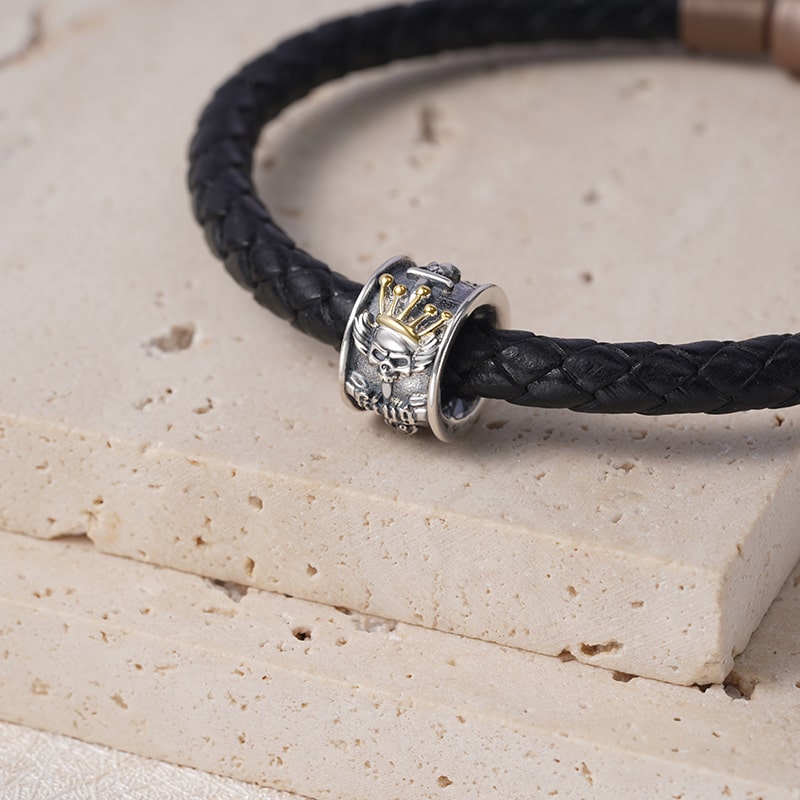 Skull King with Crown plated with 18K Gold Charm Vintage Bead S925 Sterling Silver Jewelry for Men_2