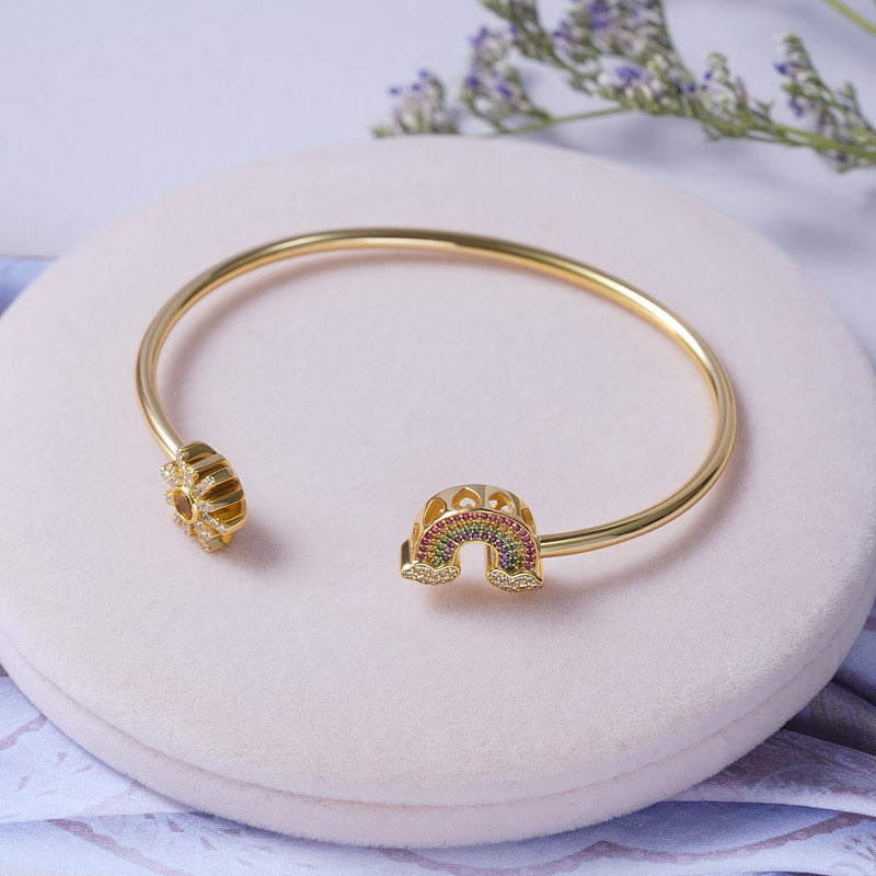 Rainbow and Sun Bangle Bracelet Sterling Silver 18K Gold Plated Inlaid with Colorful Gemstones_2