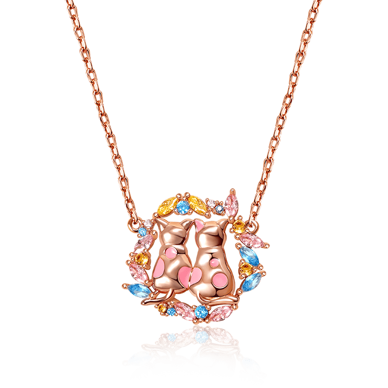 Cat Couple Necklace Surrounded by Gemstones Wreath 18K Rose Gold Plated_1