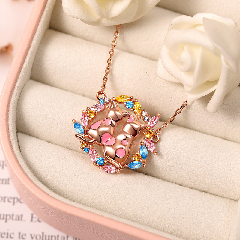 Cat Couple Necklace Surrounded by Gemstones Wreath 18K Rose Gold Plated_2