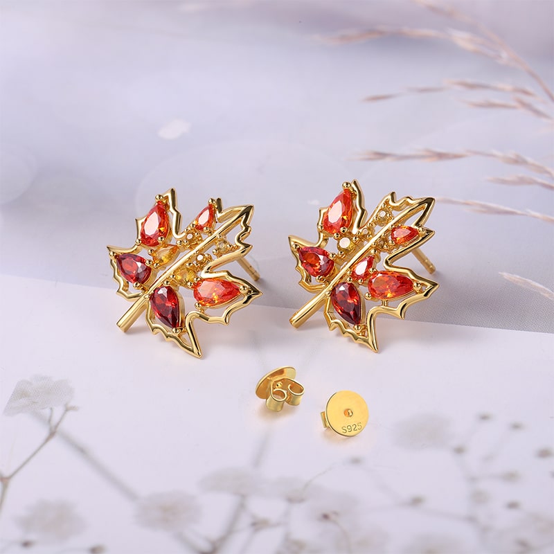 Maple Leaf Stud Earrings Inlaid with Droplet Gems_2