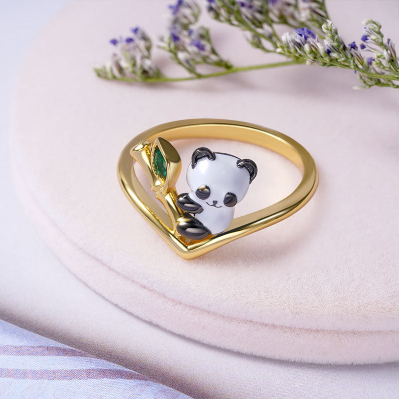 "Panda Loves Bamboo" V Ring Inlaid with Green CZ Stone 18K Gold Plated_2