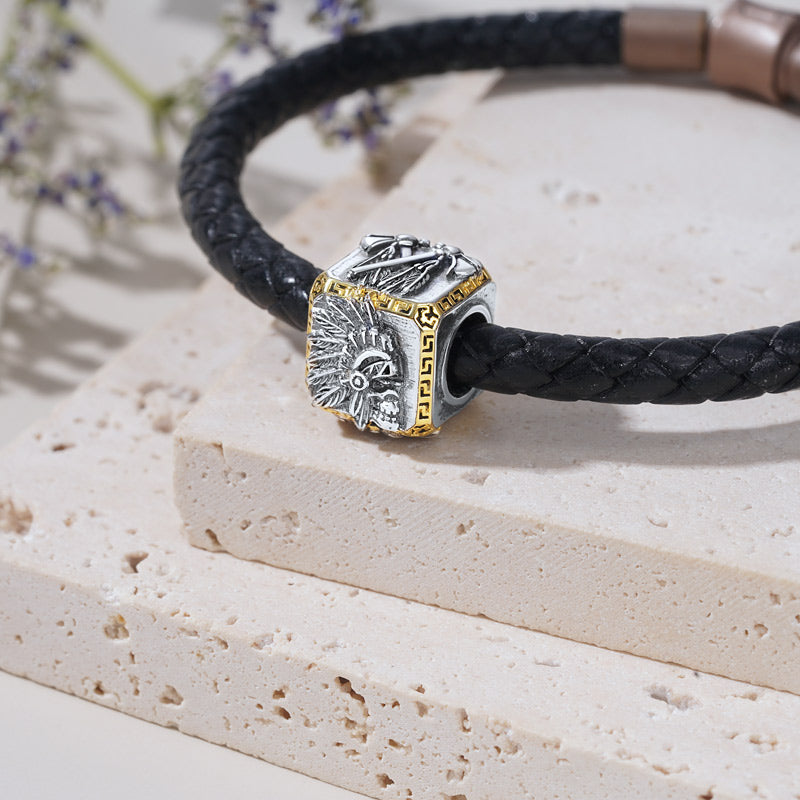 Indian Skull Men's Charm Bead Sterling Siver 18K Gold Plated fit Men's Bracelet Jewelry for Men_2