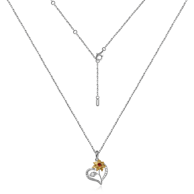 Sunflower "You Are My Sunshine" Heart Necklace Sterling Silver Inlaid with Ruby and Crystal Gems_3