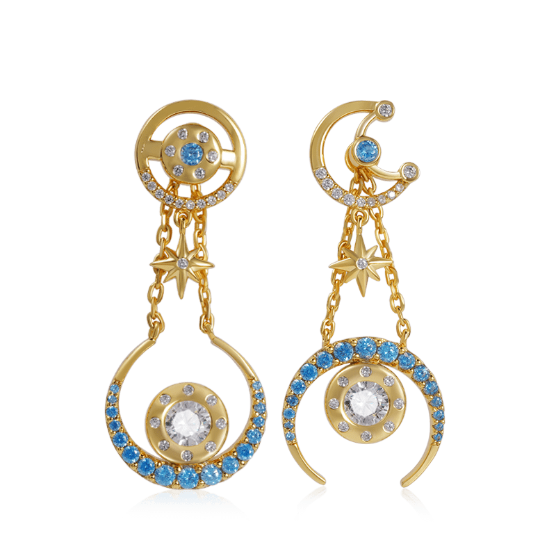 Star Moon Asymmetrical Pattern Dangle Earrings Inlaid with Colorful Gems Sterling Silver 18K Gold Plated_1
