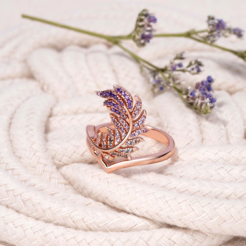 Feather V-Ring Sterling Silver 18K Rose Gold Plated Inlaid with Gradient Purple Gemstones_2