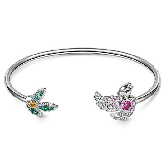 Bird & Leaf Bangle Bracelet Sterling Silver Inlaid with Colorful Gemstones_1